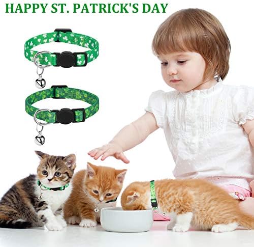 6 חתיכות יום פטריק הקדוש חתול צווארון עם פעמונים, אירי ירוק הבדלני חתול קולרים מתכוונן לחיות מחמד צווארון עם תלתן שדון