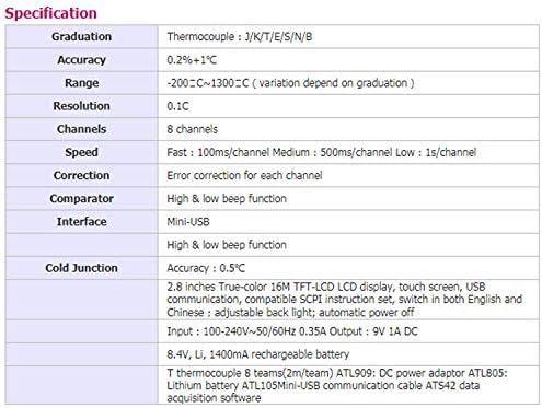 Multimeter JF-XUAN Multimeter 8 ערוצים טמפרטורת כף יד מדחום תרמי צמד תרמי מקליט מקליט J/K/T/E/S/N/B צמד תרמי AT4208 תצוגה