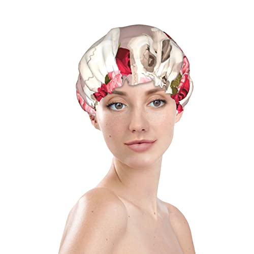 כובע מקלחת מודפס של גולגולת פרחים, שכבות כפולות כובע אמבטיה לנשים אטום למים כובעי מקלחת אמבטיה אלסטיים שיער שיער לשימוש