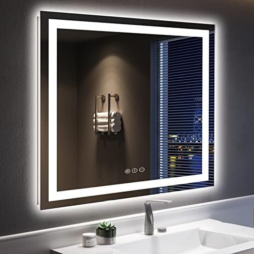 מראה אמבטיה LED 36x36 עם תאורה קדמית ואחורה, מראה יהירות אמבטיה מוארת של Yeelait עם קיר אורות, מראה יהירות