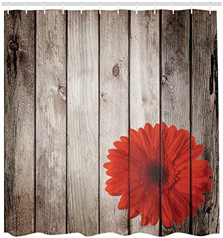 וילון מקלחת כפרי של אמבסון, דליה אדומה של פרחים על חזית העכורים בהשתתפות לוח עץ מיום עץ רטרו הדפס, סט עיצוב אמבטיה בד