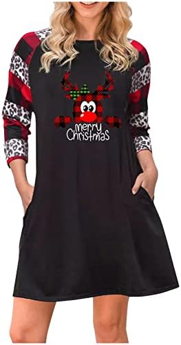 נשים של חג המולד הדפסה מזדמן פשוט ארוך שרוול חולצה רופף שמלה עגול צוואר אונליין מזדמן שמלה