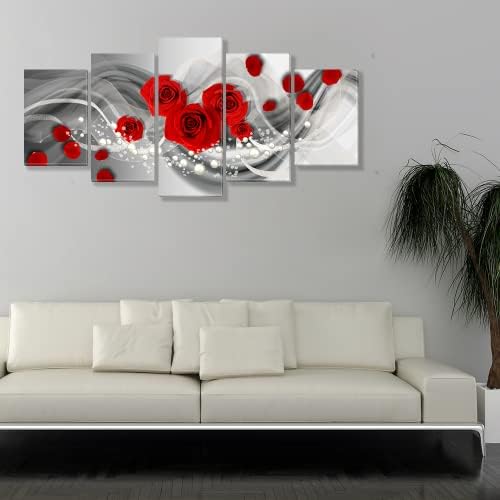 קיר ורד אדום בשחור לבן קיר קיר אמנות ציור הדפס 5 לוח תקציר פרח ורד עם פנינים תמונות לסלון חדר שינה בית מודרני דומם