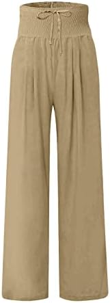 מכנסי iaqnaocc לנשים, פשתן כותנה נוחה רגל רחבה במותניים במותניים גבוהות מכנסיים עם כיסים