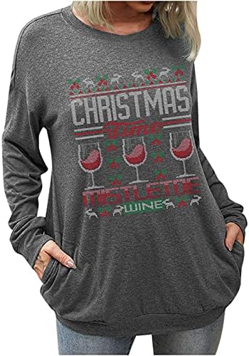 נשים של חג המולד יין זכוכית טוניקת סוודר חולצה עגול צוואר ארוך שרוול מכתב סווטשירט מזדמן חולצה חולצות
