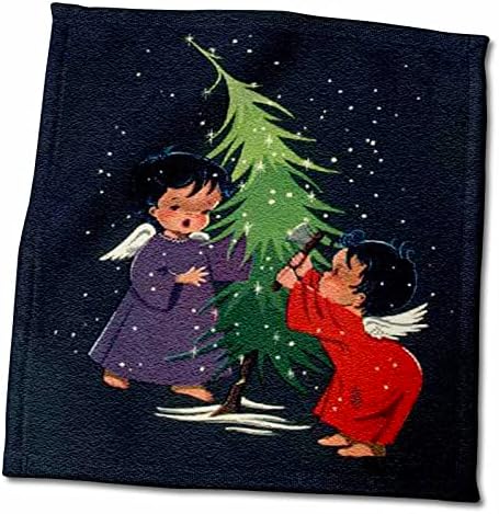 קריקטורה 3 של לילה מושלג כהה עם שני מלאכים קטנים ועץ חג המולד - מגבות