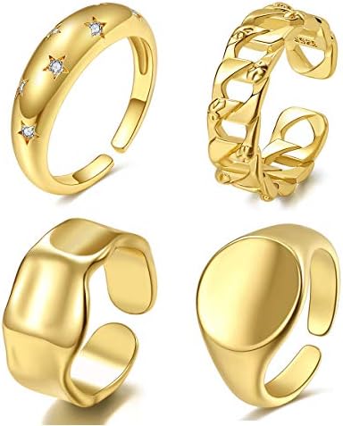 זהב שמנמן כיפת שרשרת טבעת סט לנשים גברים. פתוח מתכוונן עבה מעוות חותם טבעות מינימליסטי הצהרת לגיבוב טבעת
