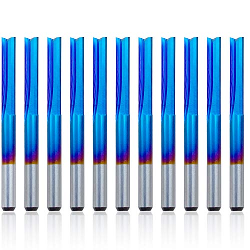 10 יחידות 1/8 2-חליל ישר נתב ביטים סוף מיל, 1/8 שוק ננו כחול ציפוי כרסום קאטר עבור חריטת מכונת עץ פלסטיק פוליוויניל כלוריד