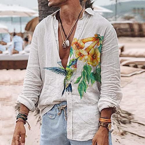חולצות פשתן כותנה של ווקאצ'י לגברים, כפתור קיץ למטה שרוול ארוך פרפר בוהו הדפס חולצות הוואי מזדמנים