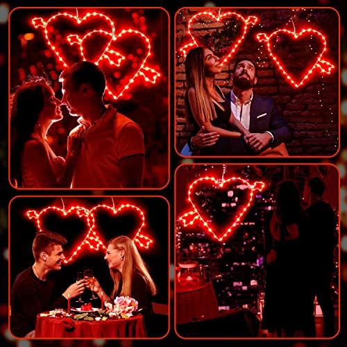 Kvcsyaw 2 חבילה אורות חלון של יום האהבה, אורות לב אדום עם חץ, אורות מיתרי לב אהבה ב 8 מצבים מהבהבים לקישוט יום האהבה, עיצוב