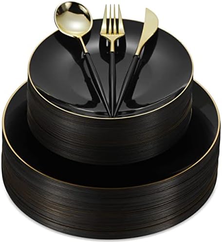 ערכת כלי אוכל של צלחות פלסטיק שחורות 30 צלחות חד פעמיות ותוכנות כסף, ארוחת ערב שחורה של שפת זהב שחורה וקינוח, סעיף שחור וזהב