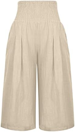 מכנסיים קצוצים קפלים על מותניים אלסטיים עם כיס עם כיס קיץ מוצק בוהו חוף מכנסיים רגל רחבה מכנסי טרנינג רגל רחבים