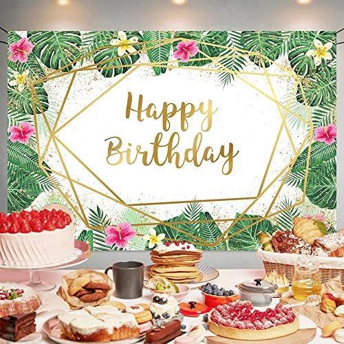 הוואי שמח יום הולדת רקע זהב גליטר עלים דקל צילום רקע טרופי פרחי מסיבת יום הולדת קישוט באנר