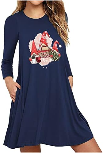 נשים חג המולד שמלת חג מצחיק גרפי הדפסה ארוך שרוול שמלות עם כיסים מזדמן רופף נדנדה מיני שמלות
