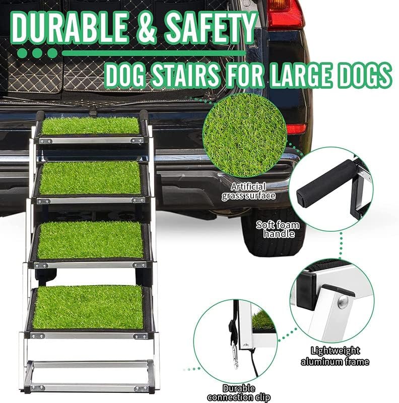 מדרגות כלבים לכלבים גדולים משודרגות, מדרגות כלבים ניידות עם משטח דשא מלאכותי, רמפת כלבים לרכב ורכב שטח, מדרגות מכוניות