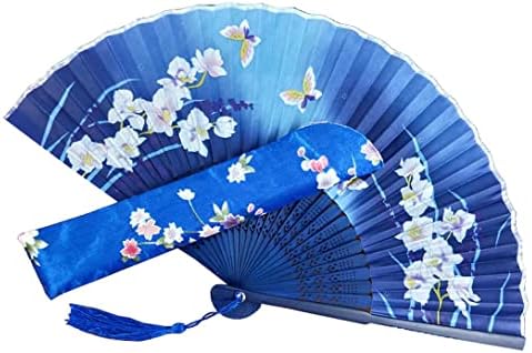 אטונגהאם קסום מאווררי קיפול כחול מעריצים כף יד מאוורר מתקפל במבוק פרחוני סיני עם ציצים לקישוט במה לרקוד חתונה.