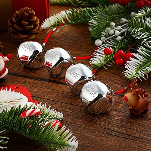 FERREVE 12 חתיכות פעמון חג המולד עם סרט אדום 1.5 אינץ 'קישוט פעמון כספים שלווה שמחה תאמין שמחה מיני פעמוני חג המולד עץ