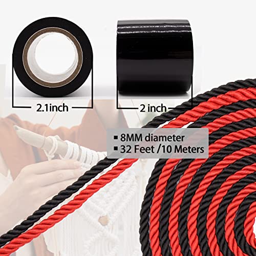 Frasam 2pack ידידותי לעור חבלים משי ארוגים עם קלטת PVC, 32ft/10 ממ 8 ממ רב תכליתי חבלים מעוותים אדומים-שחורים
