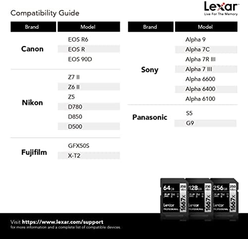 Lexar Professional 1667x 128GB SDXC כרטיסי UHS-II, עד 250MB/S נקרא, לצלם מקצועי, צלם וידיאו, חובב ופוג'פילם NP-W235