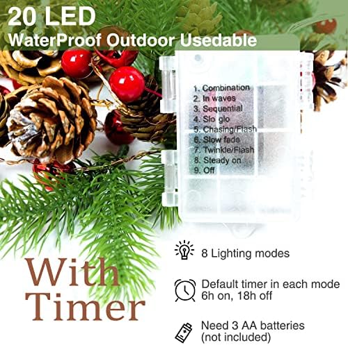 Homekaren חג המולד אורות גרלנד מיתר סוללה 6.7ft סוללה מופעלת עם חרוט אורן אדום ברי ג'ינגל פעמון 20 LED לעיצוב