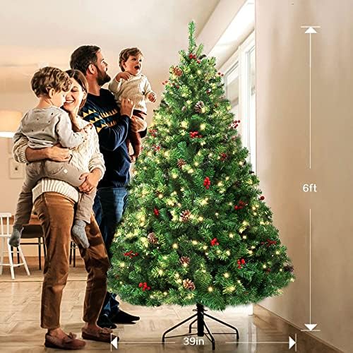 עץ חג המולד מלאכותי 6ft, עץ חג המולד ירוק עם 350 נוריות LED אורות וקישוטים, עץ חג המולד מזויף מעוטר עם ענף חיים