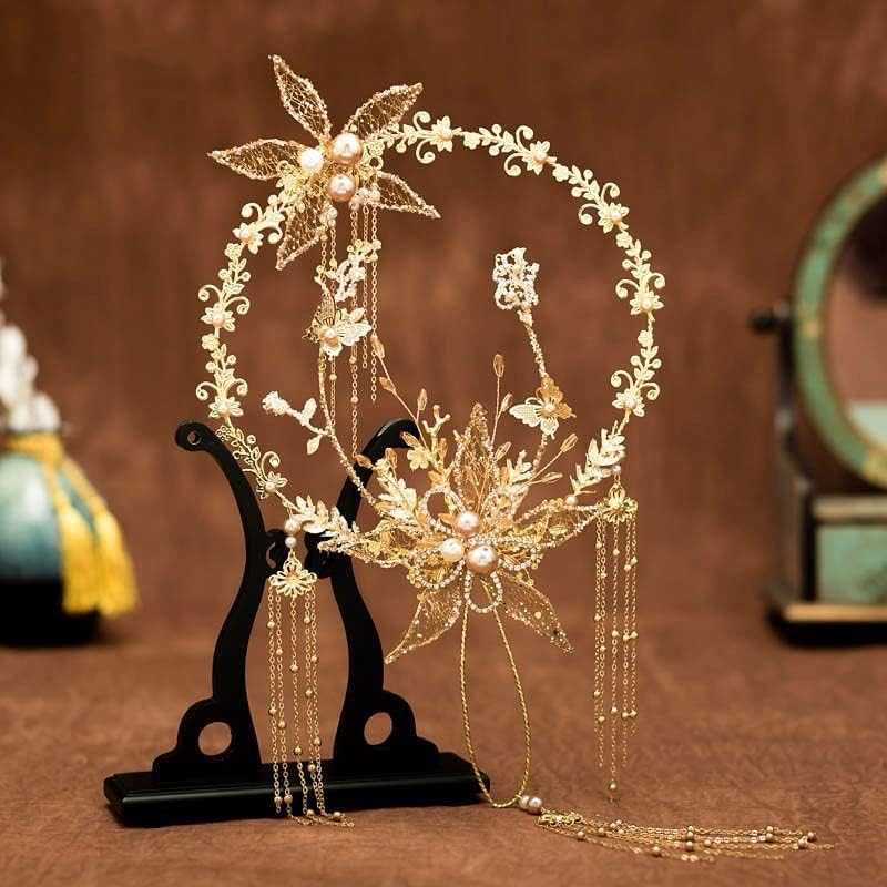 N/A חתונה זהב זרי פרחים בעבודת יד חרוזים חרוזים מתכת סינית מתכת עגולה מאוורר.