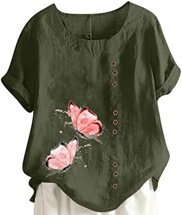 נשים עגול צוואר פרחי חולצות כותנה פשתן יוצא קיץ קצר שרוול חולצות בתוספת גודל רופף בכושר אופנה חולצות