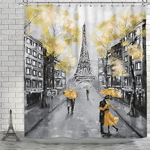 Riyidecor Paris eiffel מגדל וילון מקלחת לעיצוב אמבטיה 72WX72H אינץ 'וינטג' נוף נוף צרפתי ציור שמן רומנטי נשים זוגות צהוב אטום