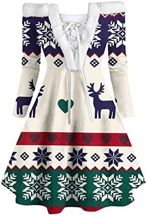 Tifzhadiao שמלות קוקטייל לחג המולד של נשים רצועות V צוואר מטושטש שמלת כתף חג המולד מודפס שמלת ברך נדנדה שמלה