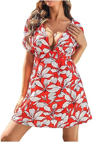עמוק עם צווארון מודפס קצר שרוול שרוכים שמלת נשים של קיץ סקסי אופנה מזדמן רופף חוף קיץ שמלה