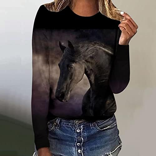 דפסת סוס גרפית חידוש חולצת טריקו שרוול ארוך לנשים בני נוער חובבי סוסים חובבי סוס חולצה