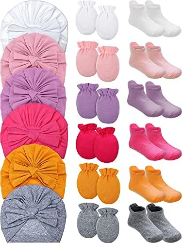 Leumoi 18 חתיכות יילוד תינוק ללא כפפות וגרביים מגדירות כפפות כובעי קשר טורבני לתינוקות גרבי קרסול לא אחיזה לתינוקות, רב צבעוני,