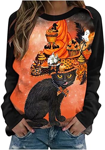 נשים חמוד חולצות דלעת מכשפות חתול חולצות חולצות שרוול ארוך שרוול ארוך נופש נופש ליל כל הקדושים מזדמן QS
