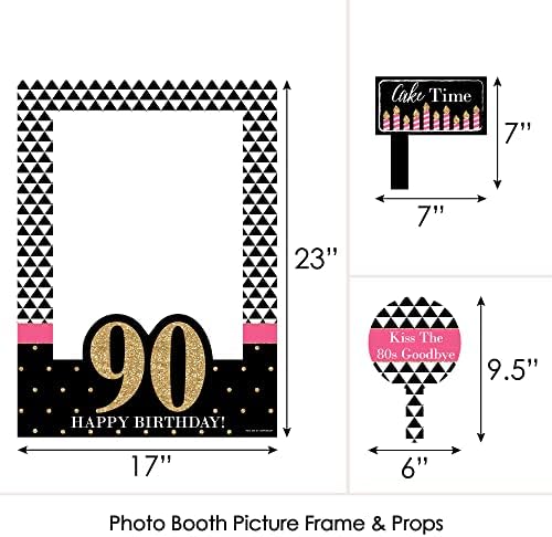 יום הולדת 90 שיק - ורוד, שחור וזהב - מסיבת יום הולדת Selfie Photo Booth מסגרת תמונה ואביזרים - מודפסים על חומר יציב