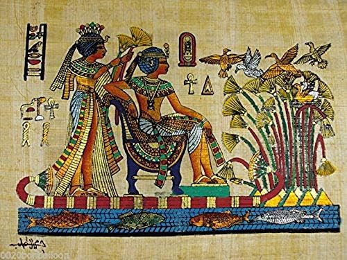 פפירוס אותנטי מצרי מקורי יד מצוירת ציור נייר פרעה עתיק 8איקס 12 מלך תות & מגבר; אשתו בגן ומאט הירוגליפי גלילה