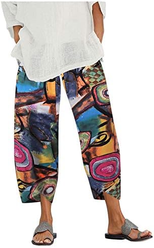 Wybaxz 2023 מכנסי קאפרי פופולריים לנשים הדפסת פרחים מכנסי פאלאצו עם כיסים מכנסי פשתן כותנה רגל רחבה מזדמנים