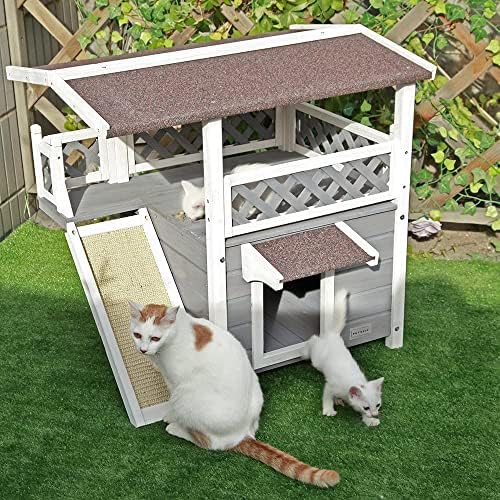 מורהום חתול בית חיצוני ומקורה,חתול בית לחתולים חיצוניים עמיד עם משטח גירוד ולברוח דלת, מחוץ פראי חתול מקלט עבור 1-2 חתולים