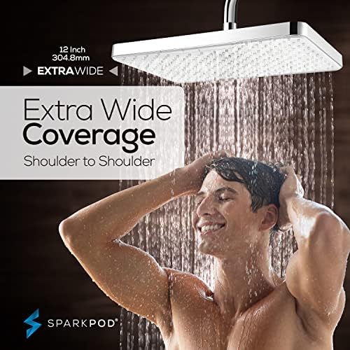 SparkPod 12 אינץ 'מלבן ראש מקלחת גשם - תקרה או קיר הרכבה ראש מקלחת - כיסוי גדול - מפרק כדור פליז עם התאמה של 360 מעלות -