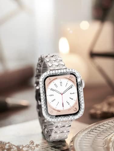 תואם להקת Apple Watch 45 ממ +מארז יהלום מבריק, להקת אופנה רזה לנשים ילדה, צמיד מתכת תכשיטים נצנצים חמוד, להקת יהלומים יוקרתית