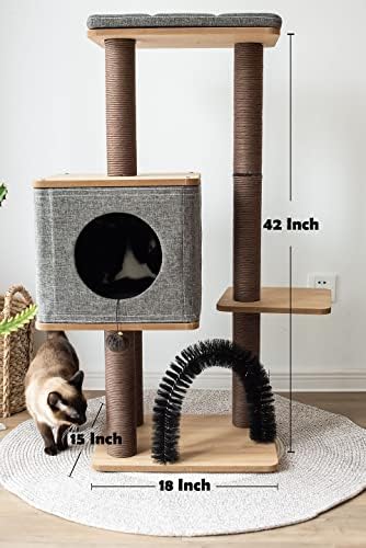 דירת עץ חתול מוגבהת בת שלוש מפלסים עם עיסוי ולוח חלקיקים, אפור