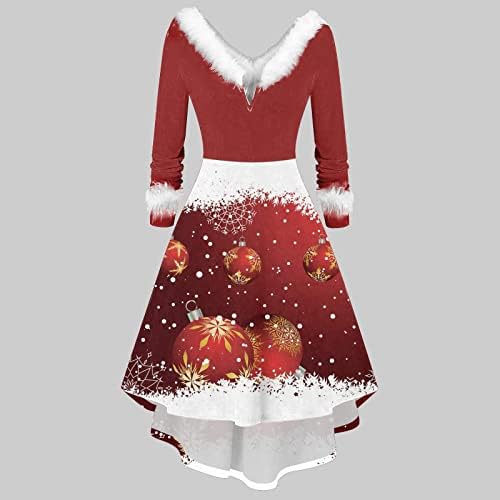 חמוד איילים גרפי חג המולד שמלת נשים ארוך שרוול פרוותי צוואר ערב המפלגה שמלה גבוהה נמוך קוקטייל חג המולד שמלות