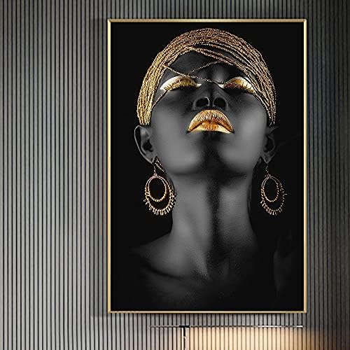 אמנות אפריקאית מודרנית שפתיים מוזהבות נשים שמן שמן על פוסטר אמנות קיר בד והדפס תמונה סקנדינבית לקישוט הבית