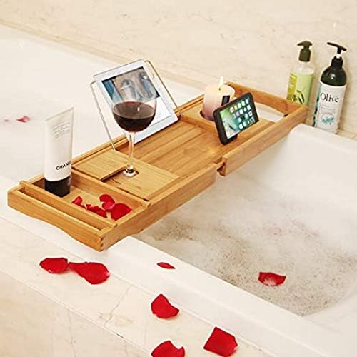 מגש קאדי אמבטיה במבוק של Jaae - מארגן אמבטיה עץ טבעי מתכוונן עם מחזיק יין, מיקום כוס, צלחת סבון, שטח ספרים