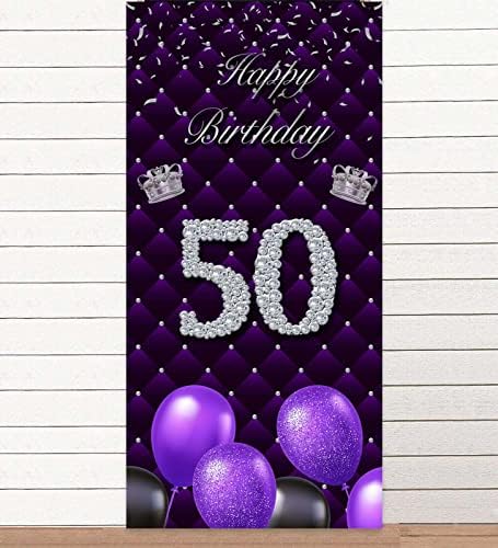 שמח 50 יום הולדת סגול באנר רקע תא צילום אבזרי בלוני כסף כתר נושא דקור לאישה חמישים שנה יום נישואים 50 שנים מסיבת יום