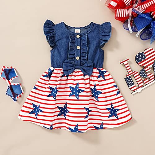 תינוקת פעוטות תינוקת 4 ביולי שמלה פרוע פרוע קשת קשת ללא שרוולים דגל אמריקאי דגל הדפס חצאית הדפס עצמאות בגדי יום עצמאות