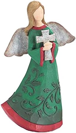 דרך חג אחת בגודל 8 אינץ 'ירוק כפרי חג המולד מלאך מלאך פסלון עם עיצוב הולי מובלט מחזיק צלב-דקורטיבי חג המולד