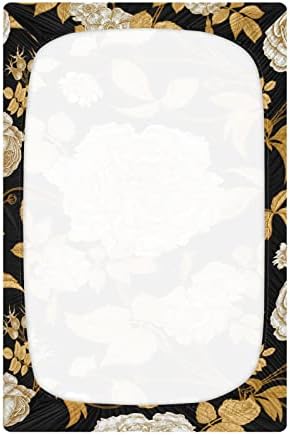 ורדים לבנים וינטג 'אלזה עם עלי זהב סדיני עריסה מצוידים בגיליון בסינט לבנים פעוטות תינוקות, גודל סטנדרטי 52 x 28 אינץ'