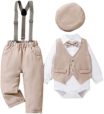 Xifamniy Baby Boys Gentleman תלבושת 4 PCS מכנסיים ומערכות עליונות יילוד שרוול ארוך רומפר + כובע + vestcoat + עניבת