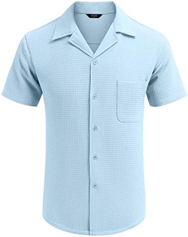 כפתור חולצת וופל של קואופנדי לגברים חולצת שרוול קצר רופף צמרות חוף קובניות