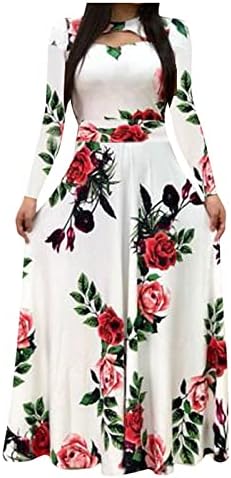 שמלות הדפס של Annhoo Ladies Crewnneck Deep V Spandex שמלות שרוול ארוך טרקלין מותן גבוה שמלות קיץ סתיו 2023